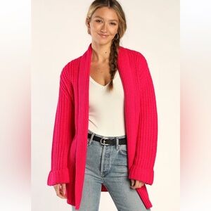 Lulu’s Cuddly Season Hot Pink Belted Oversized Cardigan Sweater (NWT - small)